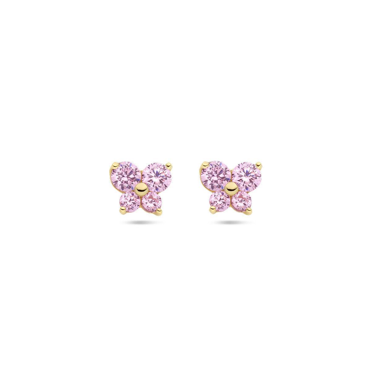 Oorknoppen vlinder roze zirkonia 14k geelgoud - 40.28466 - Brunott Juwelier